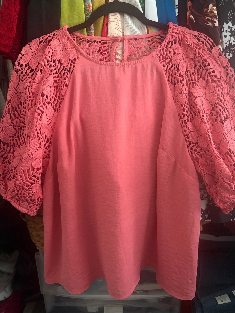 Women's Pink Crochet-Sleeve Blouse